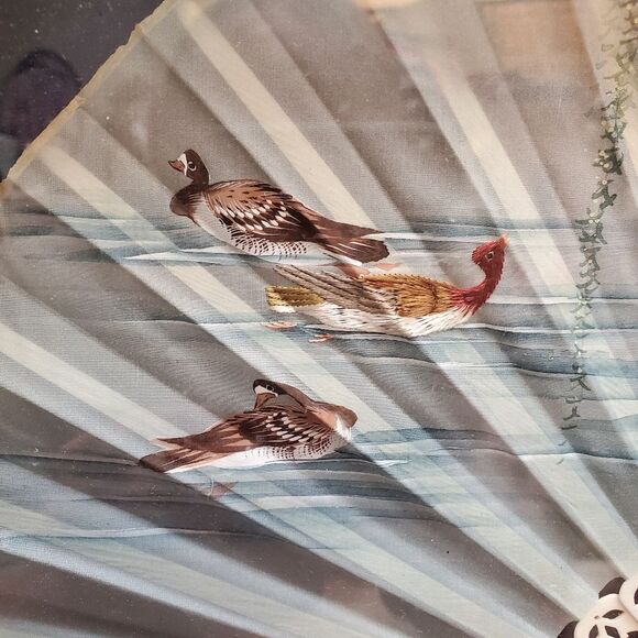 Vintage Framed Asian Chinese Fan Woodland Water Fowl Shadowbox - Picture 11 of 11